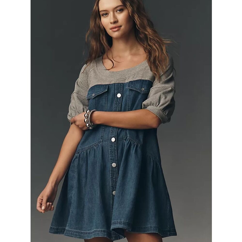 Anthropologie Denim Button-Front Dress with Gray Knit Bodice